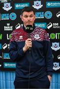 5 May 2023; Drogheda United manager Kevin Doherty speaks to LOI TV before the SSE Airtricity Men's Premier Division match between Drogheda United and Derry City at Weaver's Park in Drogheda, Louth. Photo by Stephen Marken/Sportsfile
