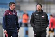 5 May 2023; Drogheda United manager Kevin Doherty, left, and Derry City manager Ruaidhrí Higgins before the SSE Airtricity Men's Premier Division match between Drogheda United and Derry City at Weaver's Park in Drogheda, Louth. Photo by Stephen Marken/Sportsfile