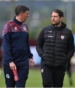 5 May 2023; Drogheda United manager Kevin Doherty, left and Derry City head coach Ruaidhrí Higgins chat before the SSE Airtricity Men's Premier Division match between Drogheda United and Derry City at Weaver's Park in Drogheda, Louth. Photo by Stephen Marken/Sportsfile