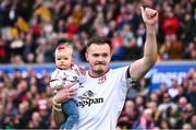 5 May 2023; Jacob Stockdale of Ulster walks out for his 100th club appearance, with his daughter Phoebe, before the United Rugby Championship Quarter-Final match between Ulster and Connacht at Kingspan Stadium in Belfast. Photo by Ramsey Cardy/Sportsfile