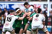 5 May 2023; Jacob Stockdale of Ulster, supported by Mike Lowry, left, and David McCann, is tackled by Bundee Aki, left, and Caolin Blade of Connacht during the United Rugby Championship Quarter-Final match between Ulster and Connacht at Kingspan Stadium in Belfast. Photo by Ramsey Cardy/Sportsfile