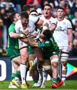 5 May 2023; Stuart McCloskey of Ulster tussles with Conor Oliver of Connacht, right, during the United Rugby Championship Quarter-Final match between Ulster and Connacht at Kingspan Stadium in Belfast. Photo by Ramsey Cardy/Sportsfile
