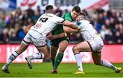 5 May 2023; Tom Farrell of Connacht is tackled by James Hume, left, and Stuart McCloskey of Ulster during the United Rugby Championship Quarter-Final match between Ulster and Connacht at Kingspan Stadium in Belfast. Photo by Ramsey Cardy/Sportsfile
