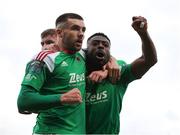 5 May 2023; Tunde Owolabi of Cork City, right, celebrates with team mate Ethon Varian of Cork City after scoring his side's first goal during the SSE Airtricity Men's Premier Division match between Cork City and St Patrick's Athletic at Turner's Cross in Cork. Photo by Michael P Ryan/Sportsfile