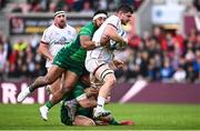 5 May 2023; Nick Timoney of Ulster is tackled by Bundee Aki and Tom Farrell of Connacht during the United Rugby Championship Quarter-Final match between Ulster and Connacht at Kingspan Stadium in Belfast. Photo by Harry Murphy/Sportsfile