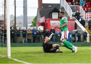 5 May 2023; Tunde Owolabi of Cork City shoots to score his side's first goal during the SSE Airtricity Men's Premier Division match between Cork City and St Patrick's Athletic at Turner's Cross in Cork. Photo by Michael P Ryan/Sportsfile