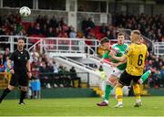 5 May 2023; Joseph O'Brien Whitmarsh of Cork City heads to score his side's second goal during the SSE Airtricity Men's Premier Division match between Cork City and St Patrick's Athletic at Turner's Cross in Cork. Photo by Michael P Ryan/Sportsfile