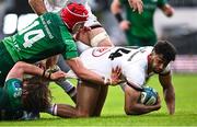 5 May 2023; Robert Baloucoune of Ulster is tackled by Cian Prendergast, left, and John Porch of Connacht during the United Rugby Championship Quarter-Final match between Ulster and Connacht at Kingspan Stadium in Belfast. Photo by Ramsey Cardy/Sportsfile