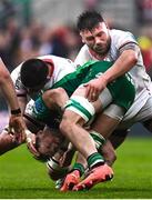 5 May 2023; Conor Oliver of Connacht is tackled by Nick Timoney and Rory Sutherland of Ulster during the United Rugby Championship Quarter-Final match between Ulster and Connacht at Kingspan Stadium in Belfast. Photo by Harry Murphy/Sportsfile