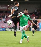 5 May 2023; Tunde Owolabi of Cork City in action against St Patrick's Athletic goalkeeper Dean Lyness during the SSE Airtricity Men's Premier Division match between Cork City and St Patrick's Athletic at Turner's Cross in Cork. Photo by Michael P Ryan/Sportsfile