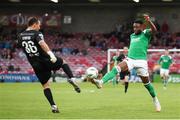 5 May 2023; Tunde Owolabi of Cork City in action against St Patrick's Athletic goalkeeper Dean Lyness during the SSE Airtricity Men's Premier Division match between Cork City and St Patrick's Athletic at Turner's Cross in Cork. Photo by Michael P Ryan/Sportsfile