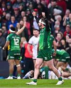 5 May 2023; Mack Hansen of Connacht celebrates his side winning a penalty during the United Rugby Championship Quarter-Final match between Ulster and Connacht at Kingspan Stadium in Belfast. Photo by Ramsey Cardy/Sportsfile