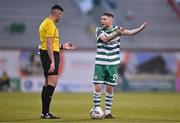 5 May 2023; Jack Byrne of Shamrock Rovers remonstrates with referee Rob Hennessy during the SSE Airtricity Men's Premier Division match between Shamrock Rovers and Bohemians at Tallaght Stadium in Dublin. Photo by Ben McShane/Sportsfile