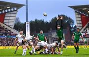 5 May 2023; John Cooney of Ulster kicks under pressure from Niall Murray of Connacht during the United Rugby Championship Quarter-Final match between Ulster and Connacht at Kingspan Stadium in Belfast. Photo by Harry Murphy/Sportsfile