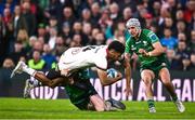 5 May 2023; Robert Baloucoune of Ulster is tackled by Mack Hansen during the United Rugby Championship Quarter-Final match between Ulster and Connacht at Kingspan Stadium in Belfast. Photo by Ramsey Cardy/Sportsfile