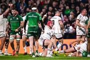 5 May 2023; Tom Stewart of Ulster celebrates his side's first try, scored by Alan O'Connor, during the United Rugby Championship Quarter-Final match between Ulster and Connacht at Kingspan Stadium in Belfast. Photo by Ramsey Cardy/Sportsfile