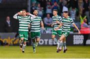 5 May 2023; Trevor Clarke of Shamrock Rovers, left, celebrates after scoring his side's first goal during the SSE Airtricity Men's Premier Division match between Shamrock Rovers and Bohemians at Tallaght Stadium in Dublin. Photo by Tyler Miller/Sportsfile