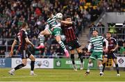 5 May 2023; Johnny Kenny of Shamrock Rovers has a header on goal despite the attention of Krystian Nowak of Bohemians during the SSE Airtricity Men's Premier Division match between Shamrock Rovers and Bohemians at Tallaght Stadium in Dublin. Photo by Ben McShane/Sportsfile