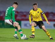 5 May 2023; Chris Forrester of St Patrick's Athletic in action against Matt Healy of Cork City during the SSE Airtricity Men's Premier Division match between Cork City and St Patrick's Athletic at Turner's Cross in Cork. Photo by Michael P Ryan/Sportsfile
