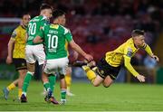 5 May 2023; Chris Forrester of St Patrick's Athletic in action against Barry Coffey of Cork City during the SSE Airtricity Men's Premier Division match between Cork City and St Patrick's Athletic at Turner's Cross in Cork. Photo by Michael P Ryan/Sportsfile
