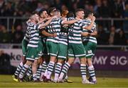 5 May 2023; Shamrock Rovers players celebrate their side's second goal, scored by Rory Gaffney, hidden, during the SSE Airtricity Men's Premier Division match between Shamrock Rovers and Bohemians at Tallaght Stadium in Dublin. Photo by Ben McShane/Sportsfile