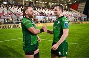 5 May 2023; Finlay Bealham, left, and Jack Carty of Connacht celebrate after the United Rugby Championship Quarter-Final match between Ulster and Connacht at Kingspan Stadium in Belfast. Photo by Ramsey Cardy/Sportsfile