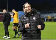5 May 2023; Derry City manager Ruaidhrí Higgins celebrates after his side's victory in the SSE Airtricity Men's Premier Division match between Drogheda United and Derry City at Weaver's Park in Drogheda, Louth. Photo by Stephen Marken/Sportsfile