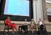 5 May 2023; MC Marie Crowe, left, interviews players, from left, Nono McHugh, Linda Gorman and Paula Gorham during a reunion of the 1973 Republic of Ireland women's national team at The Westin Hotel in Dublin. The players & officials from the team who beat Wales away in the first ever Republic of Ireland WNT competitive fixture were joined by the players from the first ever official home game, against Northern Ireland, at a special event in Dublin as part of the FAI's 50-Year Celebrations of Women and Girls' Football,. This event follows on from the announcement that every player to feature for the WNT in an official game from 1973-2023 will receive a one-off commemorative cap later this year. Photo by Brendan Moran/Sportsfile