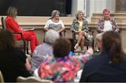 5 May 2023; MC Marie Crowe, left, interviews players, from left, Nono McHugh, Linda Gorman and Paula Gorham during a reunion of the 1973 Republic of Ireland women's national team at The Westin Hotel in Dublin. The players & officials from the team who beat Wales away in the first ever Republic of Ireland WNT competitive fixture were joined by the players from the first ever official home game, against Northern Ireland, at a special event in Dublin as part of the FAI's 50-Year Celebrations of Women and Girls' Football,. This event follows on from the announcement that every player to feature for the WNT in an official game from 1973-2023 will receive a one-off commemorative cap later this year. Photo by Brendan Moran/Sportsfile