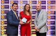 5 May 2023; The 2023 Teams of the Lidl Ladies National Football League awards were presented at Croke Park on Friday, May 5. The best players from the four divisions in the 2023 Lidl National Football Leagues were selected by the LGFA’s All Star committee. Chloe Moloney of Clare is pictured receiving her Division 3 award from Mícheál Naughton, Ladies Gaelic Football Association President, left, and Joe Mooney, Senior Partnerships Manager, Lidl Ireland. Photo by David Fitzgerald/Sportsfile