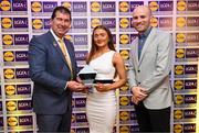 5 May 2023; The 2023 Teams of the Lidl Ladies National Football League awards were presented at Croke Park on Friday, May 5. The best players from the four divisions in the 2023 Lidl National Football Leagues were selected by the LGFA’s All Star committee. Grace Ferguson of Armagh is pictured receiving her Division 2 award from Mícheál Naughton, Ladies Gaelic Football Association President, left, and Joe Mooney, Senior Partnerships Manager, Lidl Ireland. Photo by David Fitzgerald/Sportsfile