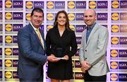 5 May 2023; The 2023 Teams of the Lidl Ladies National Football League awards were presented at Croke Park on Friday, May 5. The best players from the four divisions in the 2023 Lidl National Football Leagues were selected by the LGFA’s All Star committee. Aimee Mackin of Armagh is pictured receiving her Division 2 award from Mícheál Naughton, Ladies Gaelic Football Association President, left, and Joe Mooney, Senior Partnerships Manager, Lidl Ireland. Photo by David Fitzgerald/Sportsfile