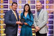 5 May 2023; The 2023 Teams of the Lidl Ladies National Football League awards were presented at Croke Park on Friday, May 5. The best players from the four divisions in the 2023 Lidl National Football Leagues were selected by the LGFA’s All Star committee. Laura O’Dowd of Leitrim is pictured receiving her Division 4 award from Mícheál Naughton, Ladies Gaelic Football Association President, left, and Joe Mooney, Senior Partnerships Manager, Lidl Ireland. Photo by David Fitzgerald/Sportsfile