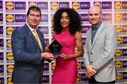 5 May 2023; The 2023 Teams of the Lidl Ladies National Football League awards were presented at Croke Park on Friday, May 5. The best players from the four divisions in the 2023 Lidl National Football Leagues were selected by the LGFA’s All Star committee. Lara Dahunsi of Antrim is pictured receiving her Division 4 award from Mícheál Naughton, Ladies Gaelic Football Association President, left, and Joe Mooney, Senior Partnerships Manager, Lidl Ireland. Photo by David Fitzgerald/Sportsfile