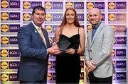 5 May 2023; The 2023 Teams of the Lidl Ladies National Football League awards were presented at Croke Park on Friday, May 5. The best players from the four divisions in the 2023 Lidl National Football Leagues were selected by the LGFA’s All Star committee. Aishling Moloney of Tipperary is pictured receiving her Division 2 award from Mícheál Naughton, Ladies Gaelic Football Association President, left, and Joe Mooney, Senior Partnerships Manager, Lidl Ireland. Photo by David Fitzgerald/Sportsfile