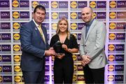 5 May 2023; The 2023 Teams of the Lidl Ladies National Football League awards were presented at Croke Park on Friday, May 5. The best players from the four divisions in the 2023 Lidl National Football Leagues were selected by the LGFA’s All Star committee. Lauren McConville of Armagh is pictured receiving her Division 2 award from Mícheál Naughton, Ladies Gaelic Football Association President, left, and Joe Mooney, Senior Partnerships Manager, Lidl Ireland. Photo by David Fitzgerald/Sportsfile