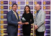 5 May 2023; The 2023 Teams of the Lidl Ladies National Football League awards were presented at Croke Park on Friday, May 5. The best players from the four divisions in the 2023 Lidl National Football Leagues were selected by the LGFA’s All Star committee. Clodagh McCambridge of Armagh is pictured receiving her Division 2 award from Mícheál Naughton, Ladies Gaelic Football Association President, left, and Joe Mooney, Senior Partnerships Manager, Lidl Ireland. Photo by David Fitzgerald/Sportsfile