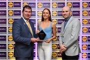 5 May 2023; The 2023 Teams of the Lidl Ladies National Football League awards were presented at Croke Park on Friday, May 5. The best players from the four divisions in the 2023 Lidl National Football Leagues were selected by the LGFA’s All Star committee. Olivia Divilly of Galway is pictured receiving her Division 1 award from Mícheál Naughton, Ladies Gaelic Football Association President, left, and Joe Mooney, Senior Partnerships Manager, Lidl Ireland. Photo by David Fitzgerald/Sportsfile
