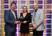 5 May 2023; The 2023 Teams of the Lidl Ladies National Football League awards were presented at Croke Park on Friday, May 5. The best players from the four divisions in the 2023 Lidl National Football Leagues were selected by the LGFA’s All Star committee. Ailbhe Davoren of Galway is pictured receiving her Division 1 award from Mícheál Naughton, Ladies Gaelic Football Association President, left, and Joe Mooney, Senior Partnerships Manager, Lidl Ireland. Photo by David Fitzgerald/Sportsfile