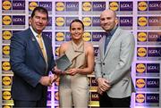 5 May 2023; The 2023 Teams of the Lidl Ladies National Football League awards were presented at Croke Park on Friday, May 5. The best players from the four divisions in the 2023 Lidl National Football Leagues were selected by the LGFA’s All Star committee. Nicola Ward of Galway is pictured receiving her Division 1 award from Mícheál Naughton, Ladies Gaelic Football Association President, left, and Joe Mooney, Senior Partnerships Manager, Lidl Ireland. Photo by David Fitzgerald/Sportsfile