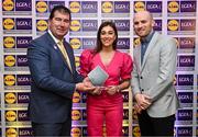 5 May 2023; The 2023 Teams of the Lidl Ladies National Football League awards were presented at Croke Park on Friday, May 5. The best players from the four divisions in the 2023 Lidl National Football Leagues were selected by the LGFA’s All Star committee. Lucy Power of Westmeath is pictured receiving her Division 2 award from Mícheál Naughton, Ladies Gaelic Football Association President, left, and Joe Mooney, Senior Partnerships Manager, Lidl Ireland. Photo by David Fitzgerald/Sportsfile