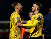 5 May 2023; St Patrick's Athletic players, Tommy Lonergan, left, and Sam Curtis after their side's victory in the SSE Airtricity Men's Premier Division match between Cork City and St Patrick's Athletic at Turner's Cross in Cork. Photo by Michael P Ryan/Sportsfile