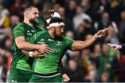 5 May 2023; Bundee Aki, right, and Shamus Hurley-Langton of Connacht after the United Rugby Championship Quarter-Final match between Ulster and Connacht at Kingspan Stadium in Belfast. Photo by Ramsey Cardy/Sportsfile