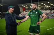 5 May 2023; Connacht Director of Rugby Andy Friend shakes hands with Josh Murphy of Connacht after the United Rugby Championship Quarter-Final match between Ulster and Connacht at Kingspan Stadium in Belfast. Photo by Harry Murphy/Sportsfile