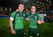 5 May 2023; Tom Farrell and Jack Carty of Connacht after their side's victory in the United Rugby Championship Quarter-Final match between Ulster and Connacht at Kingspan Stadium in Belfast. Photo by Harry Murphy/Sportsfile