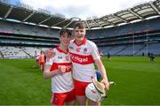 6 May 2023; The Derry captain Jack Cassidy, 10, and team mate Ruarí Ó Mainain celebrate after the GAA Hurling All-Ireland U20 B Championship Final match between Derry and Roscommon at Croke Park in Dublin. Photo by Ray McManus/Sportsfile