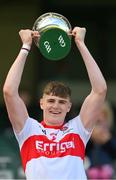 6 May 2023; The Derry captain Jack Cassidy lifts the Richie McElligott Cup after the GAA Hurling All-Ireland U20 B Championship Final match between Derry and Roscommon at Croke Park in Dublin. Photo by Ray McManus/Sportsfile