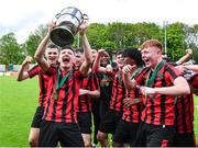 6 May 2023; Ger Crawley of Cherry Orchard FC celebrates with the cup after his side's victory in the FAI Under 17 Cup Final 2022/23 match between Cherry Orchard FC and St Kevin’s Boys FC at Richmond Park in Dublin. Photo by Tyler Miller/Sportsfile