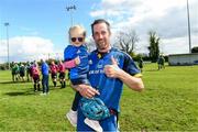 6 May 2023; Wes Carter of Leinster with his 2 year old daughter Indie after the Interprovincial Juniors match between Leinster and Connacht at Portlaoise in Laois. Photo by Matt Browne/Sportsfile