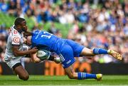 6 May 2023; Dave Kearney of Leinster is tackled by Aphelele Fassi of Cell C Sharks during the United Rugby Championship Quarter-Final between Leinster and Cell C Sharks at the Aviva Stadium in Dublin. Photo by Harry Murphy/Sportsfile